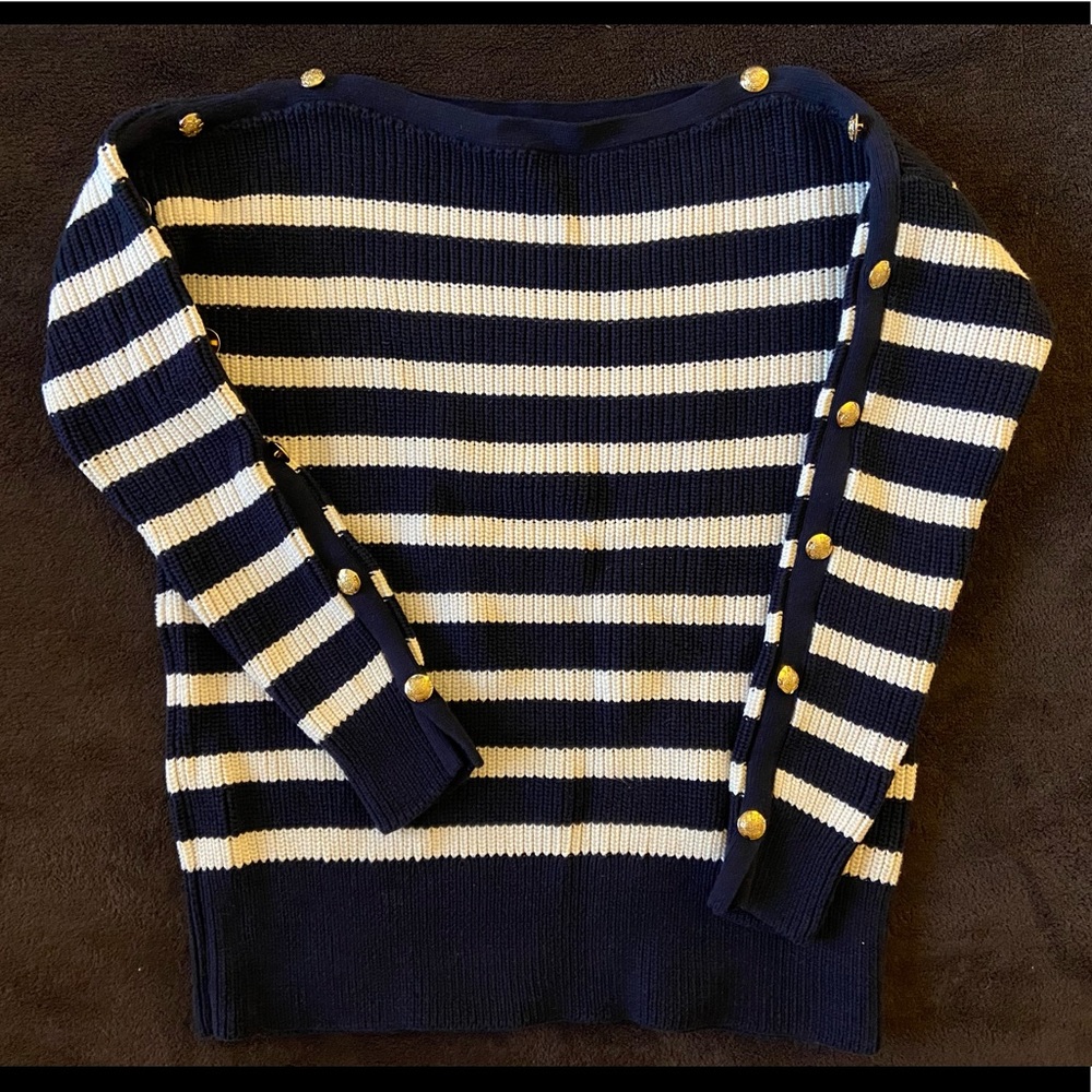 Ralph Lauren Navy stripe cotton sweater with gold buttons